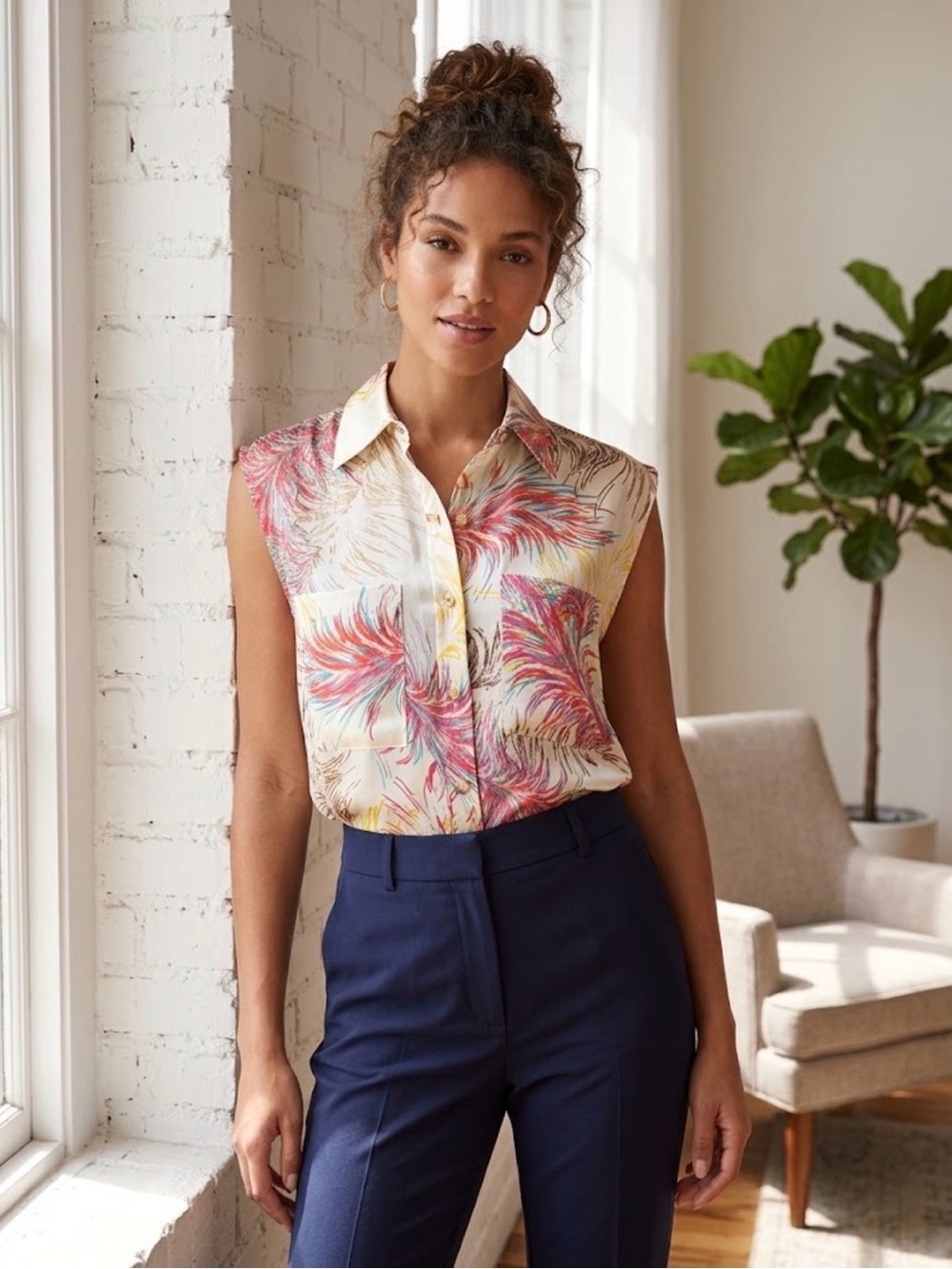 Cabi 100% Silk Sleeveless Feather-Print Button Front Tunic Blouse - Sz sm